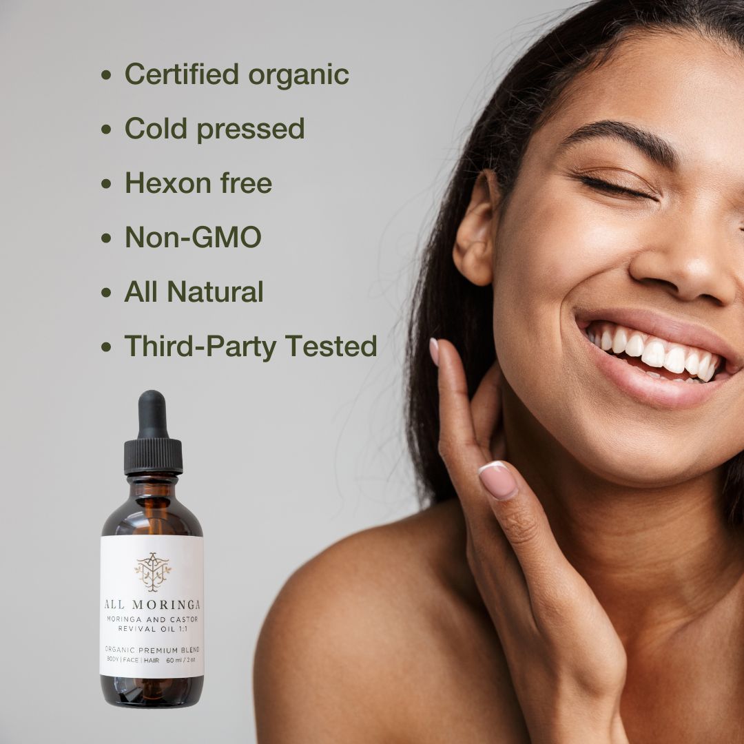 Premium Cold Pressed Organic Moringa & Castor Revival Oil 1:1 with Vitamin E for Face, Body and Hair 2 oz-2