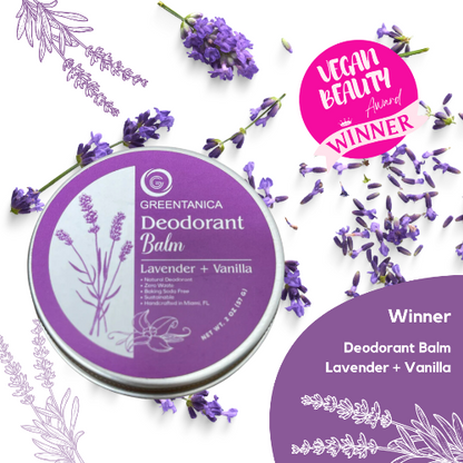 Natural vegan deodorant balm with lavender and vanilla scent in eco-friendly packaging