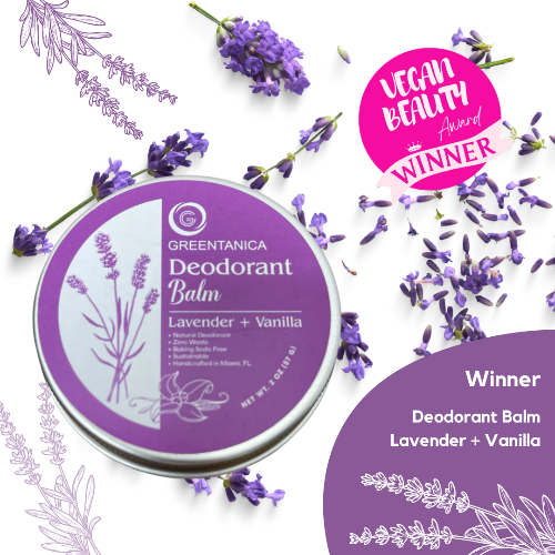 Natural vegan deodorant balm with lavender and vanilla scent in eco-friendly packaging