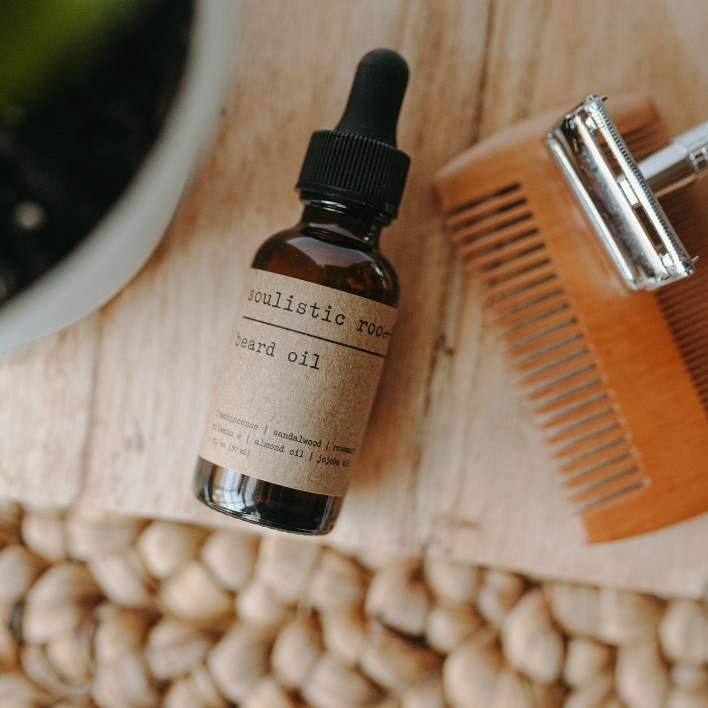 Natural beard conditioning oil bottle with frankincense and sandalwood"