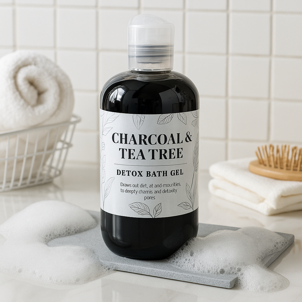 Detox charcoal and tea tree body wash gel bottle for deep cleansing