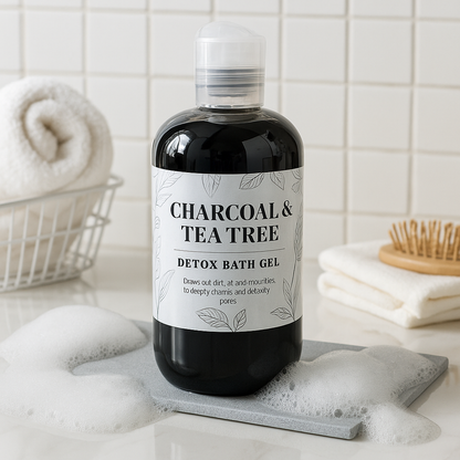 Detox charcoal and tea tree body wash gel bottle for deep cleansing