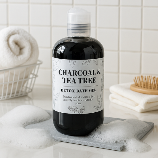 Detox charcoal and tea tree body wash gel bottle for deep cleansing