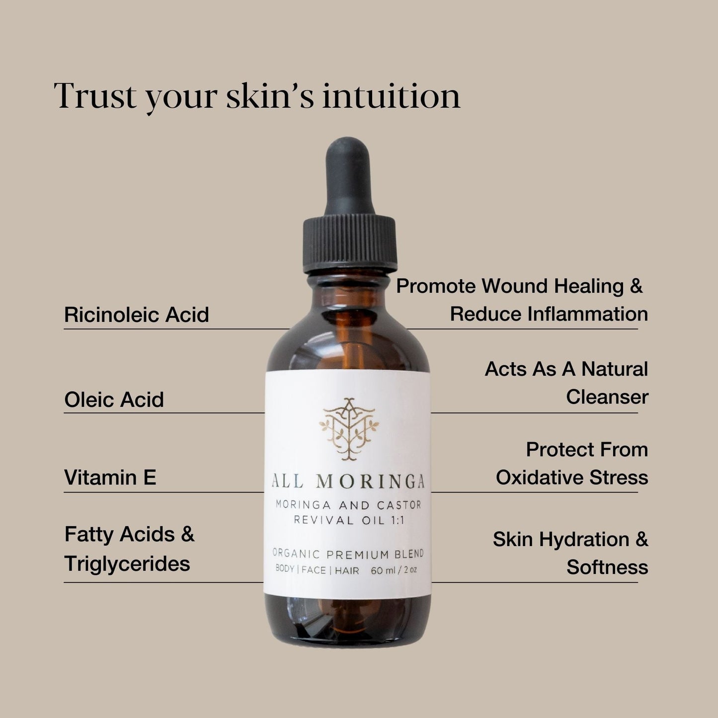 Premium Cold Pressed Organic Moringa & Castor Revival Oil 1:1 with Vitamin E for Face, Body and Hair 2 oz-1