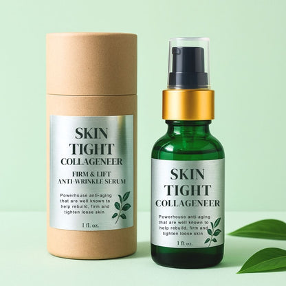 Anti-wrinkle firming serum bottle with collagen for mature skin"